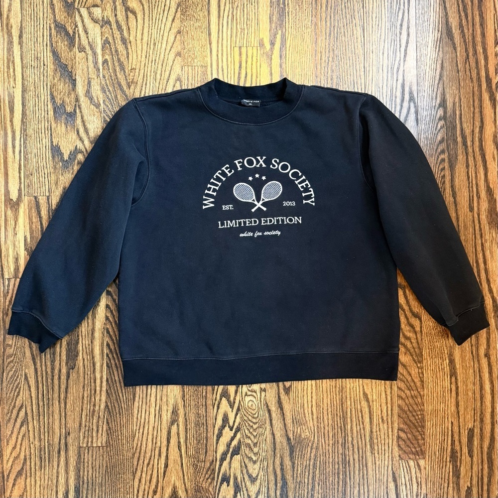White Fox Society Embroidered Tennis Racquet Sweatshirt in Black - Size M
